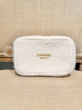 NWOT CHANEL Plush Cosmetic Pouch / Makeup Bag with Gold Logo